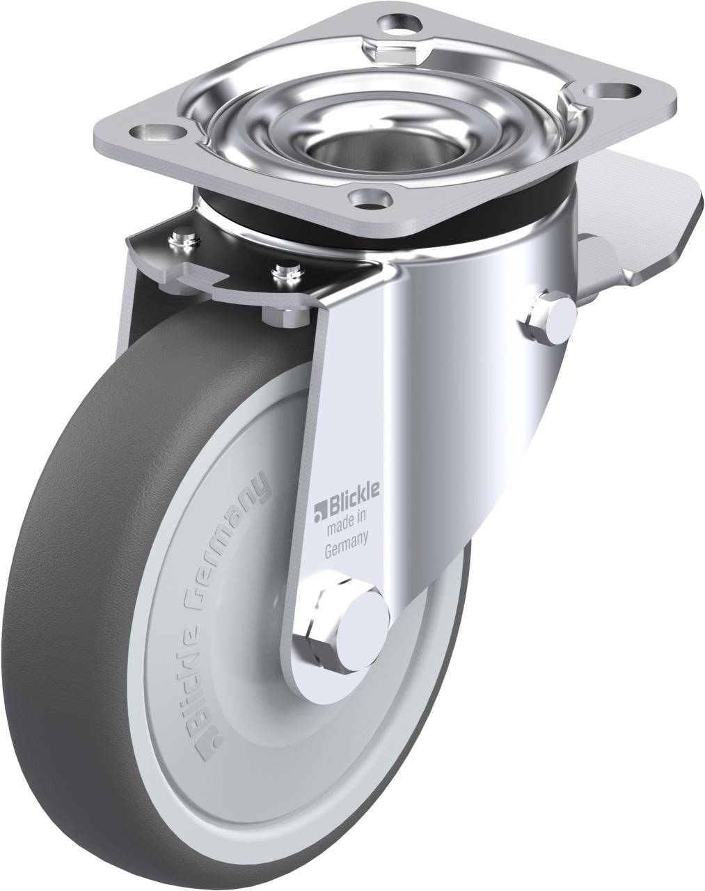Industrie-Lenkrolle aus Metall und Kunststoff mit grauem Rad und Plattenbefestigung. Geeignet für Maschinen oder Möbel.