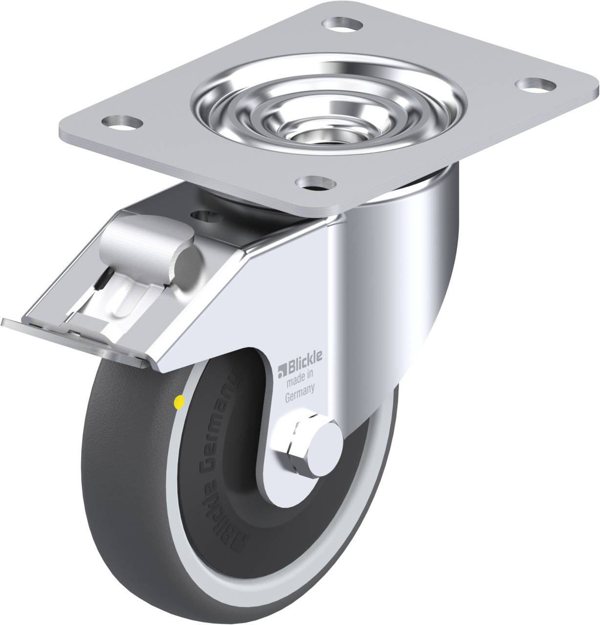 Metallrad mit grauer Gummibeschichtung, montiert an einer drehbaren Metallhalterung. Ideal für Möbel oder Transportwagen.