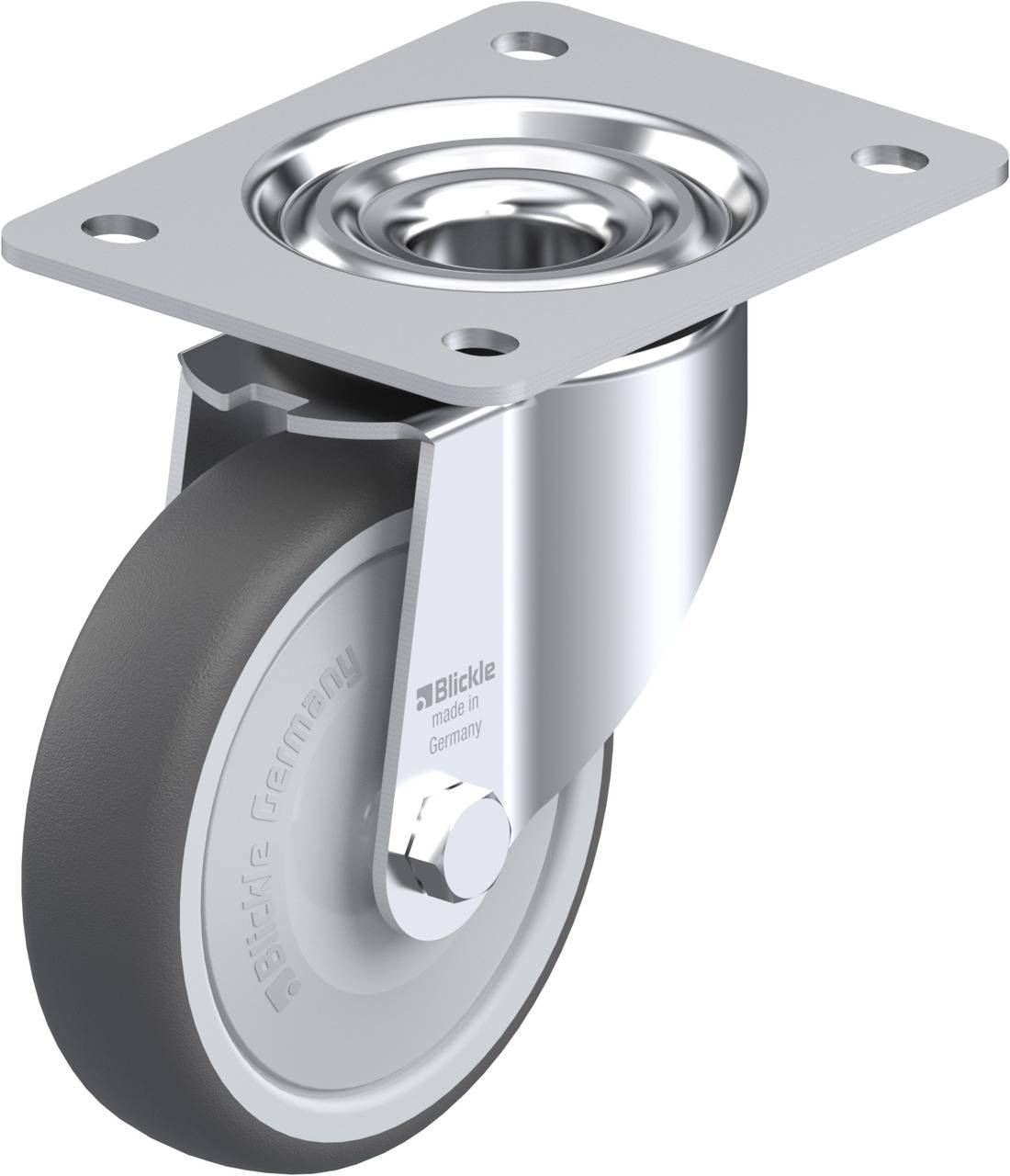 Eine graue, drehbare Rolle aus Metall und Kunststoff mit Montageplatte, geeignet für Möbel oder Geräte. Marke: Blickle.
