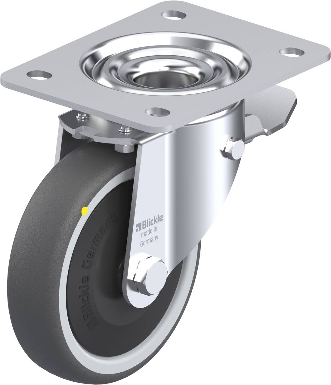 Industrie-Schwenkrolle mit grauem Rad, Metallgehäuse und Befestigungsplatte. Hergestellt von Blickle in Deutschland.
