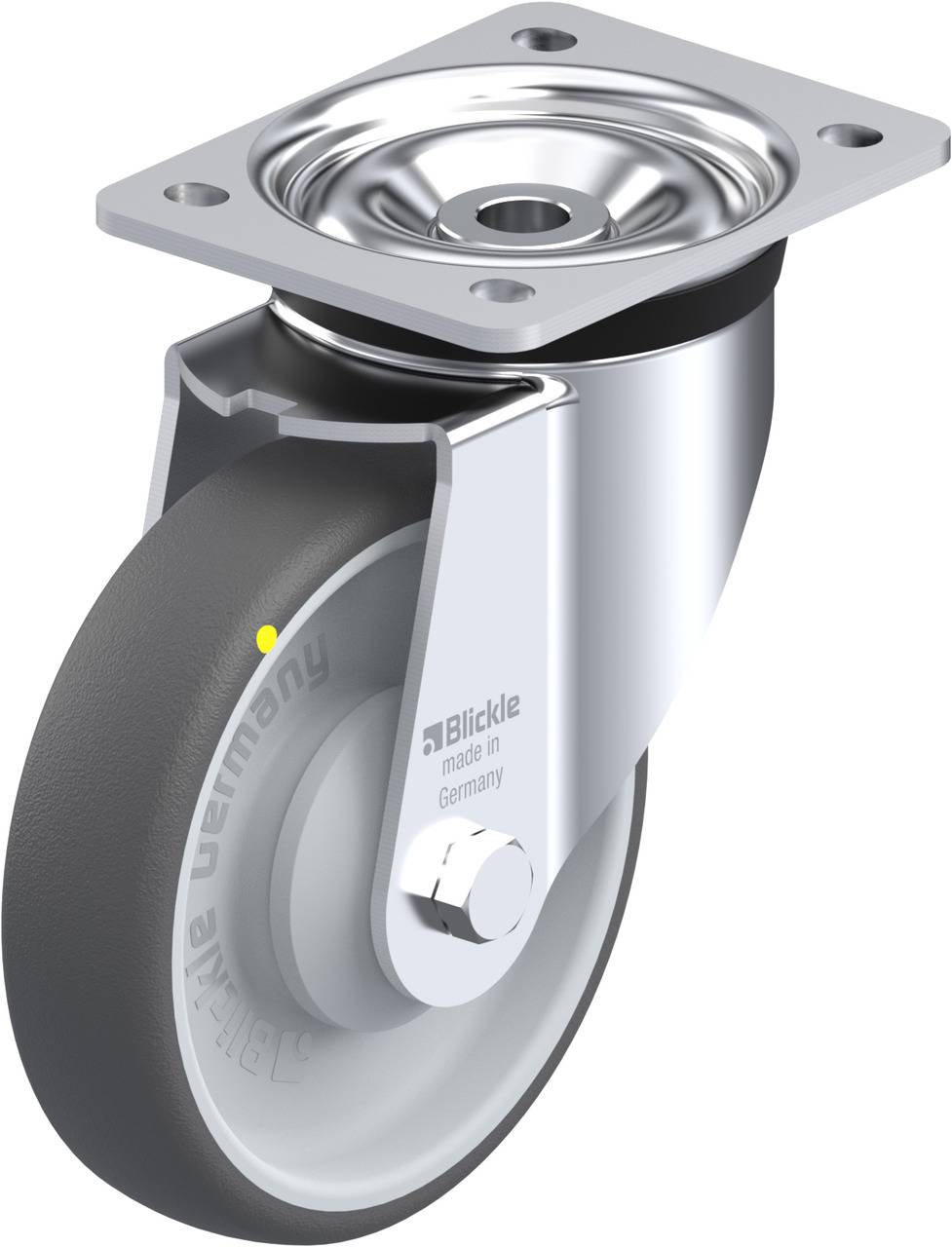 Eine drehbare Transportrolle aus Metall mit grauem Kunststoffrad. Auf der Rolle steht 'Blickle made in Germany'.