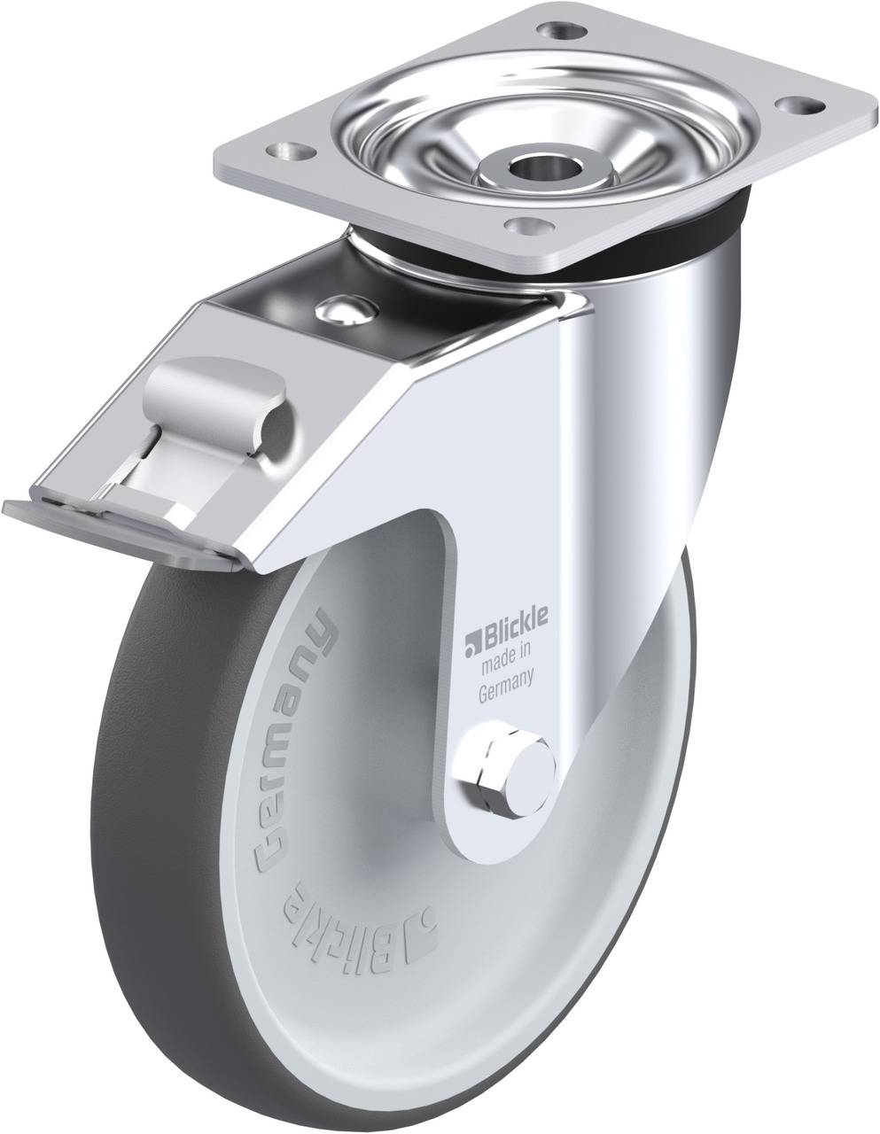 Industrie-Lenkrolle aus Metall mit grauem Rad und Montageplatte. Aufschrift: 'Germany'.