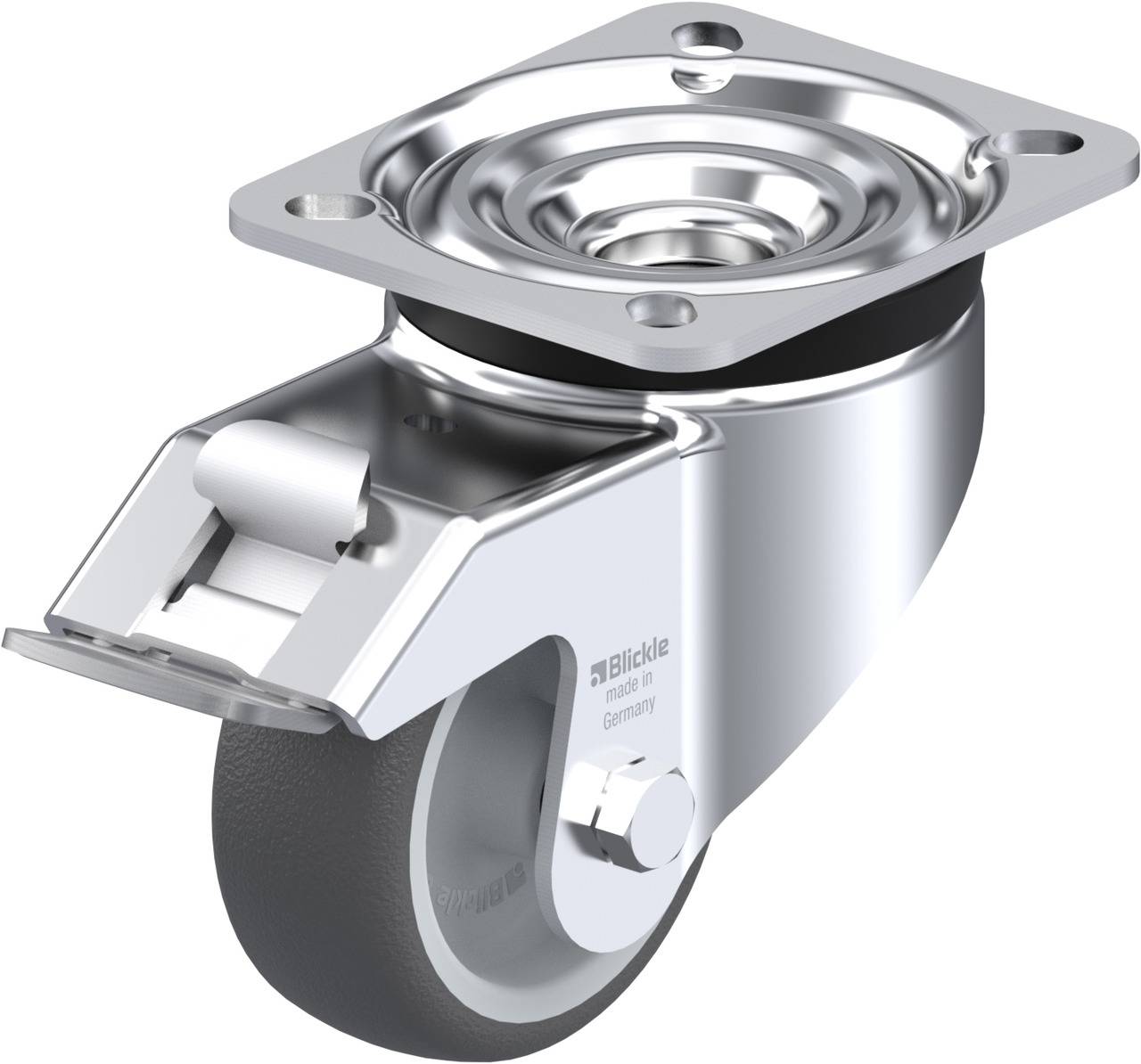 Schwenkrolle aus Metall mit grauem Rad, geeignet für industrielle Anwendungen. Herstellername auf der Seite erkennbar.