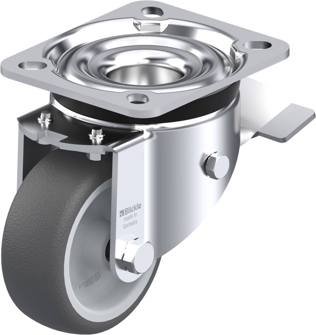 Schwenkrolle mit Metallgehäuse und Gummirad, geeignet für Transportwagen oder Möbel. Enthält Montagematerial.