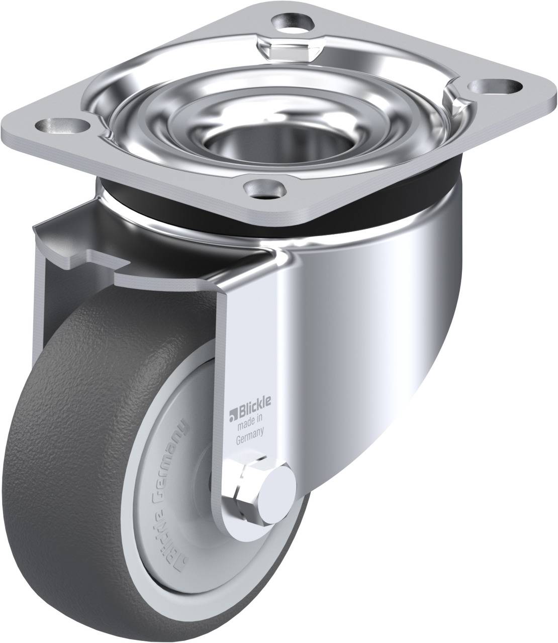 Metallisches Möbelrad mit grauer Gummirolle und drehbarer Befestigungsplatte, geeignet für leichte bis mittelschwere Anwendungen.