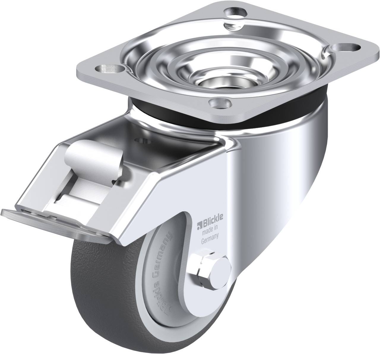 Metallisches Lenkrolle mit Befestigungsplatte und Bremse, geeignet für Industrieanwendungen. Hochwertiges Design und langlebige Konstruktion.