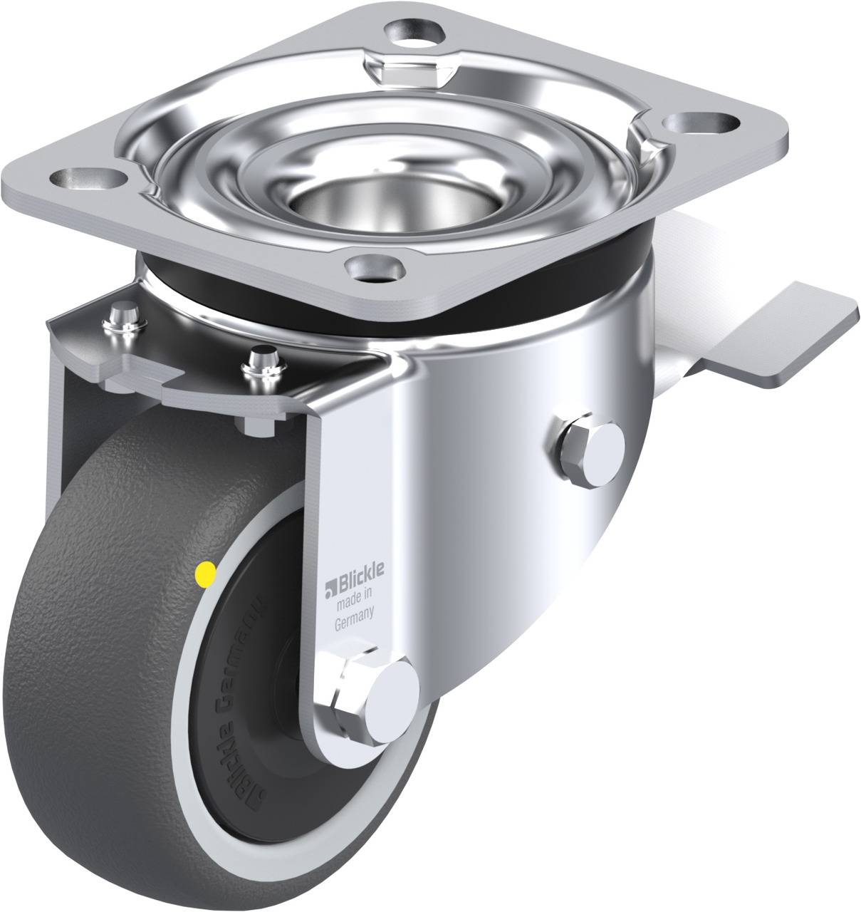 Schwenkrolle aus Metall mit grauem Rad. Vorwiegend genutzt für Möbel oder Transportgeräte. Robust und drehbar für einfache Bewegung.