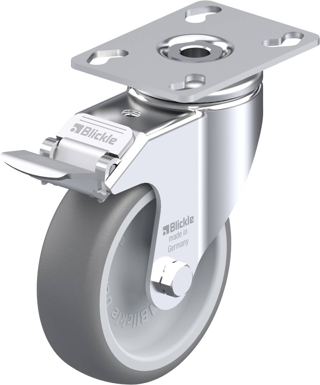 Rolle mit metallener Halterung, offener Befestigungsplatte und Bremse. Auf der Seite steht 'Blickle made in Germany'.