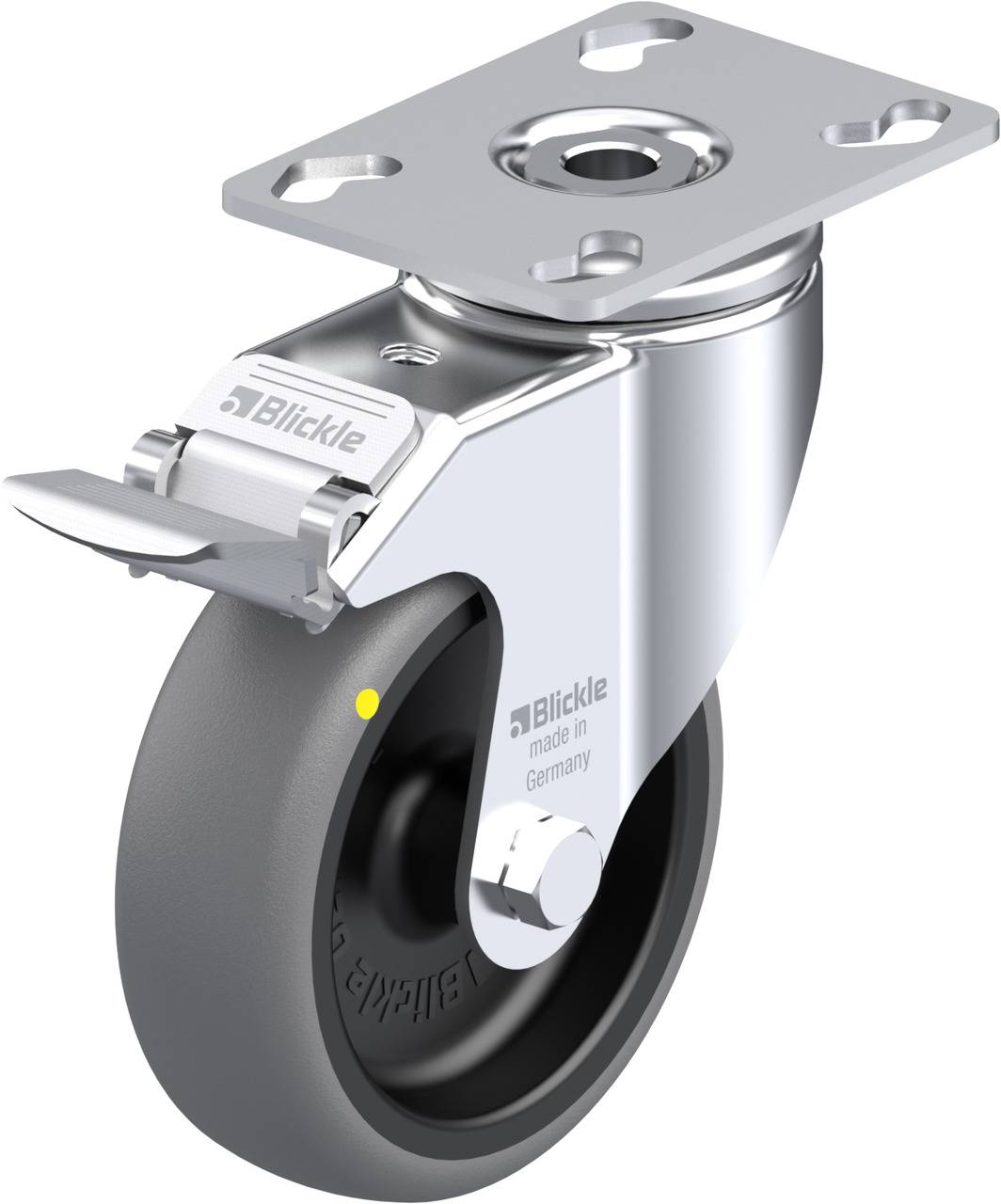 Industrie-Lenkrolle aus Stahl mit grauem Rad und Befestigungsplatte. Geeignet für schwere Lasten, 'Blickle' Logo sichtbar.