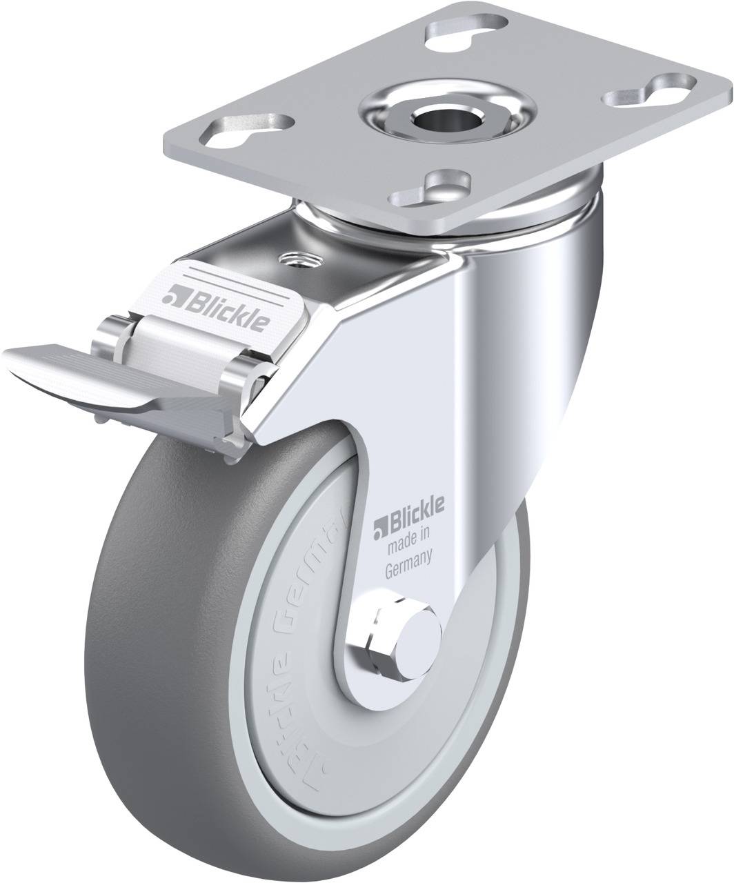 Lenkrolle mit grauem Rad und Metallgehäuse, Markenname 'Blickle' sichtbar.
