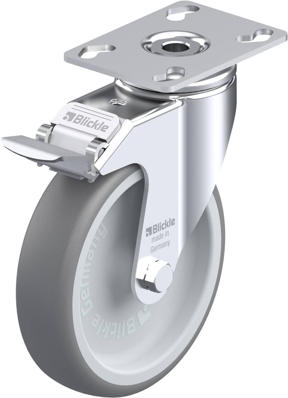 Lenkrolle mit Bremse, silberne Halterung und graues Rad. Gezeigt ist eine Blickle-Rolle, geeignet für Möbel oder Transportwagen.