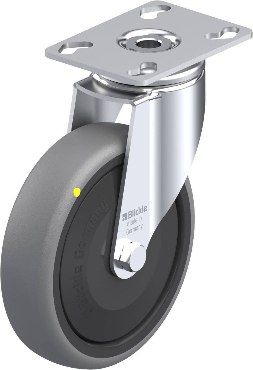 Schwenkrolle mit grauem Rad und silbernem Metallgehäuse, für industrielle Transportmittel.
