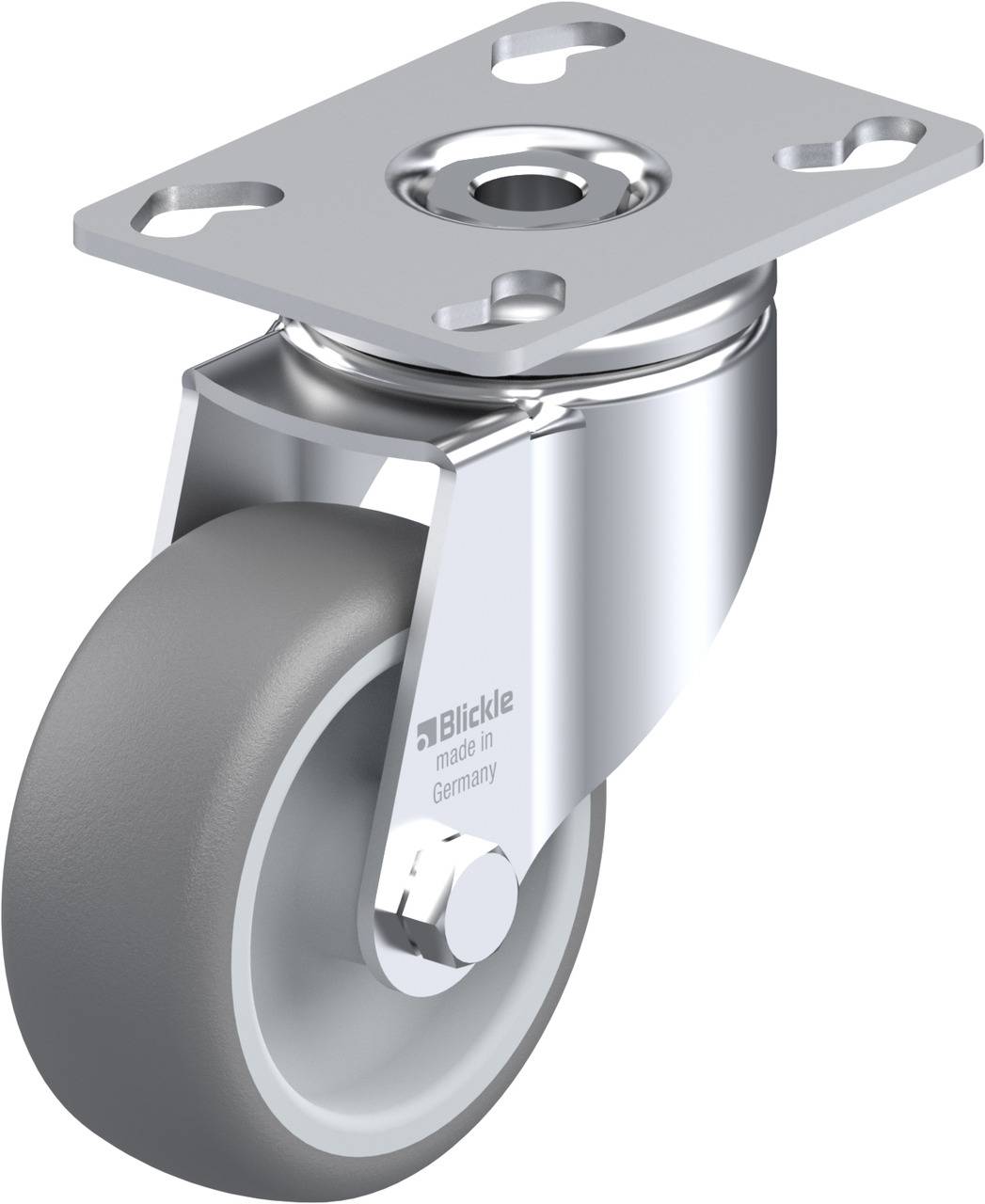 Graue Lenkrolle mit silberner Halterung und quadratischer Montageplatte aus Metall, geeignet für vielseitige Anwendungen.