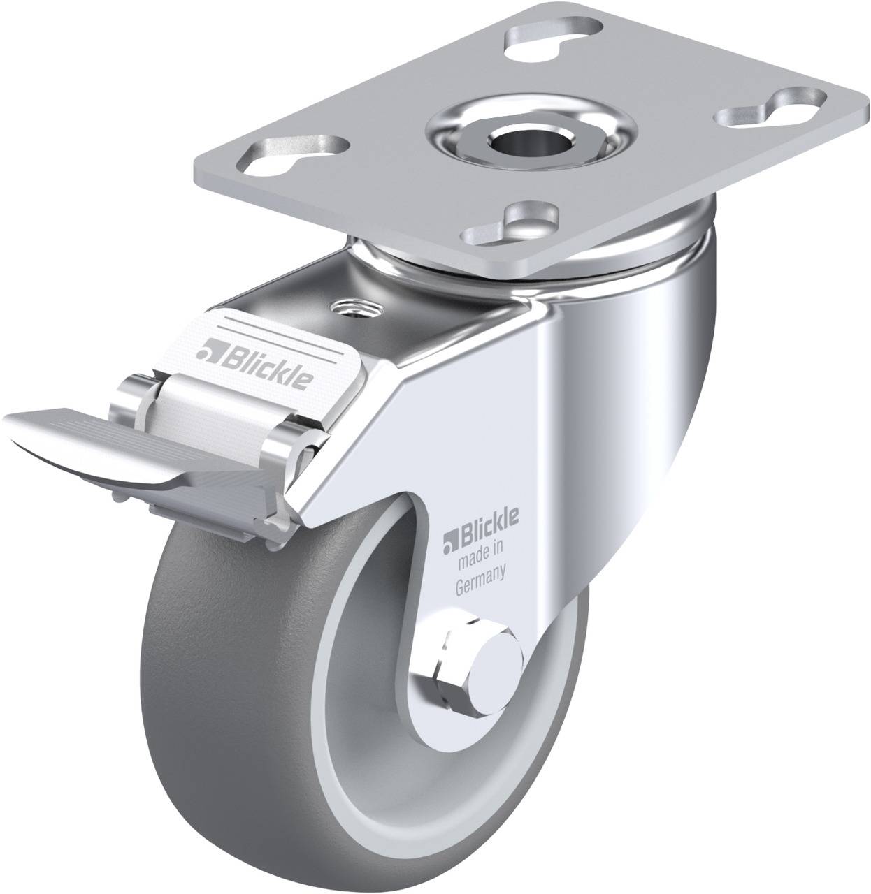 Schwenkrolle aus Metall mit grauer Gummilauffläche, Befestigungsplatte oben. Markenname 'Blickle' und 'made in Germany' sichtbar.