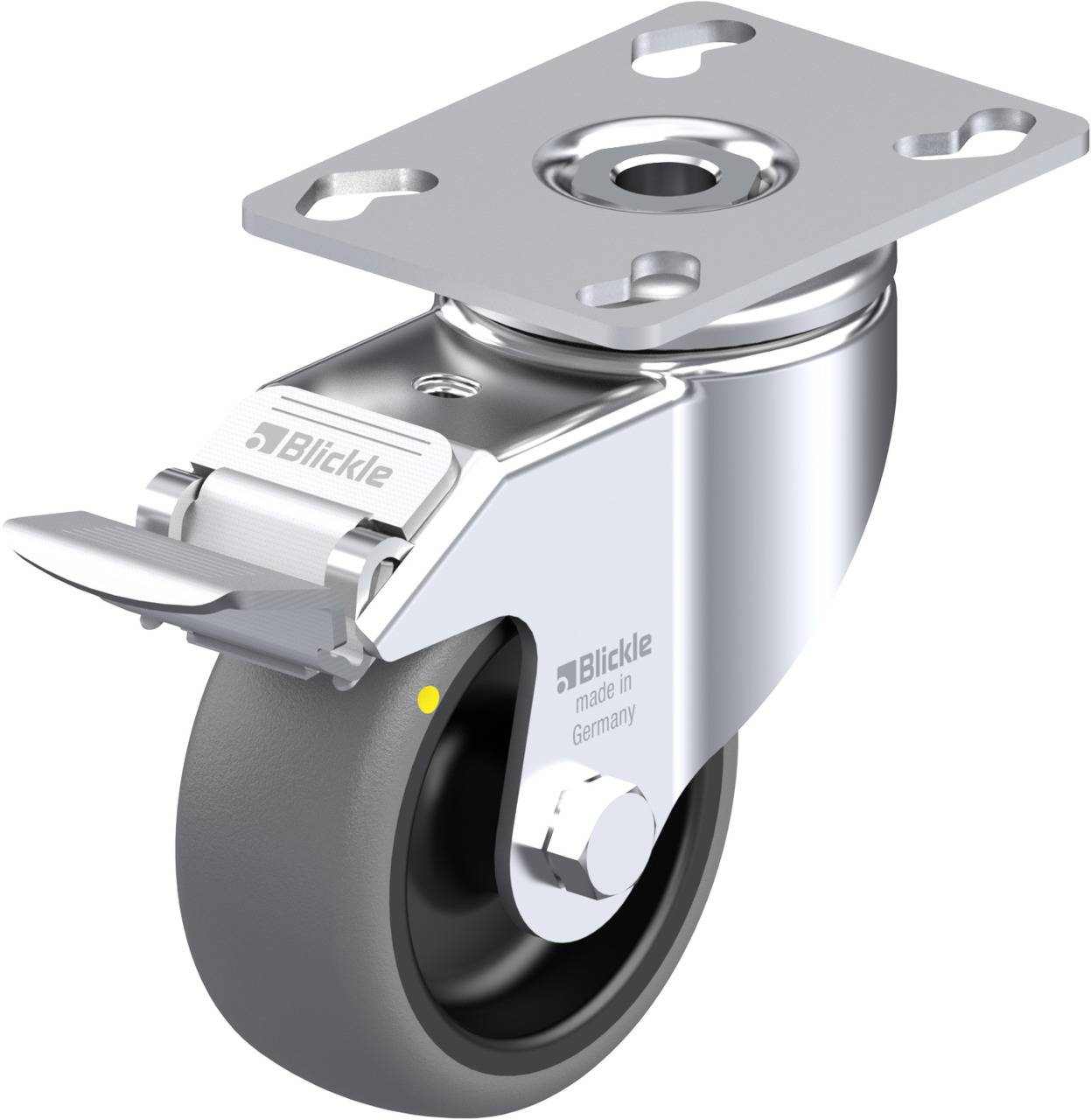 Schwenkrolle aus Metall mit grauem Rad und Bremse, hergestellt von Blickle in Deutschland.