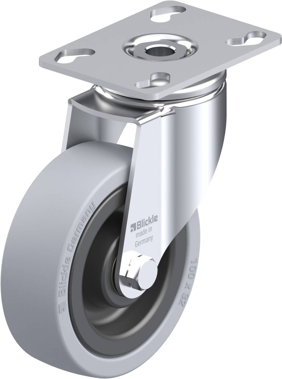 Eine graue Lenkrolle mit Platte zur Befestigung, geeignet für industrielle Anwendungen. Markiert mit 'Blickle, made in Germany'.