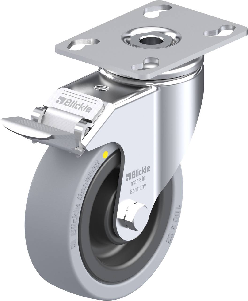 Lenkrolle mit Platte, Bremse und Gummireifen. 'Blickle made in Germany' auf dem Rad. Geeignet für Möbel oder Gerätebewegung.