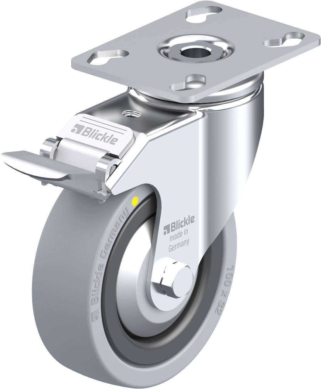 Metallisches Schwerlast-Lenkrolle mit Bremse. Markiert mit dem Logo 'Blickle'. Silberfarbene Oberfläche, geeignet für industrielle Anwendungen.