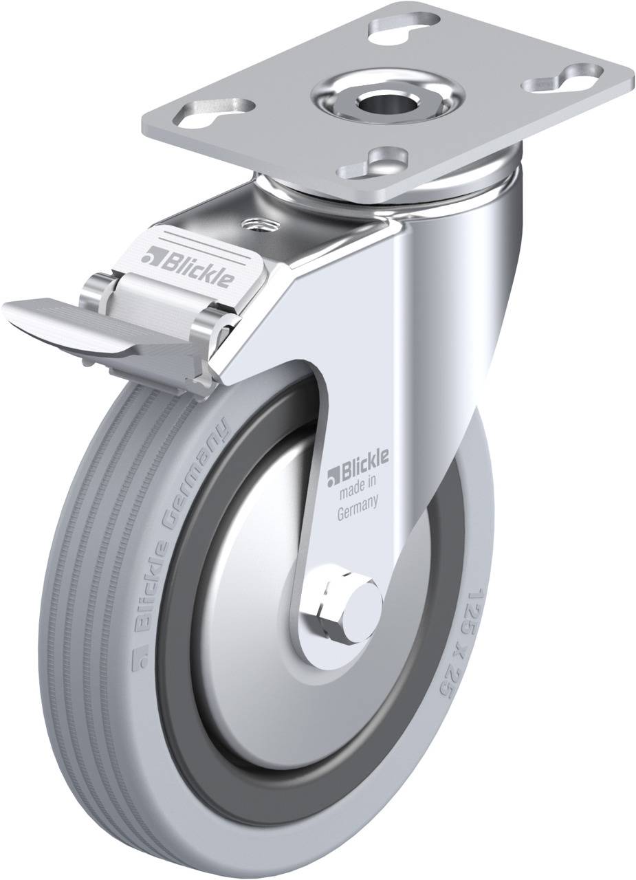 Grau-metallic-farbige Lenkrolle mit Feststellbremse und rechteckiger Befestigungsplatte, hergestellt in Deutschland, von 'Blickle'.