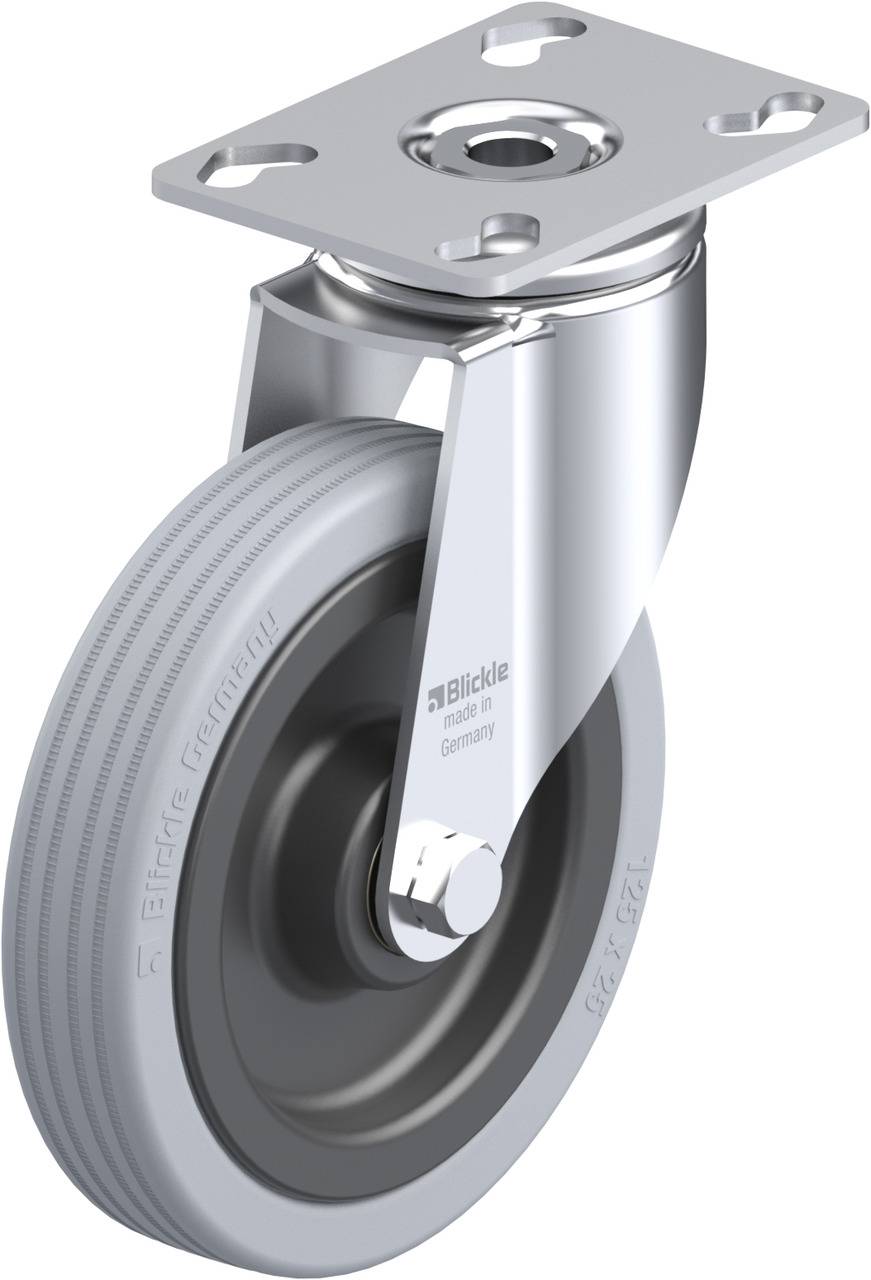 Graue Bockrolle mit Metallplatte zur Befestigung, von Blickle. Geeignet für den Einsatz an Transportwagen oder Möbeln.