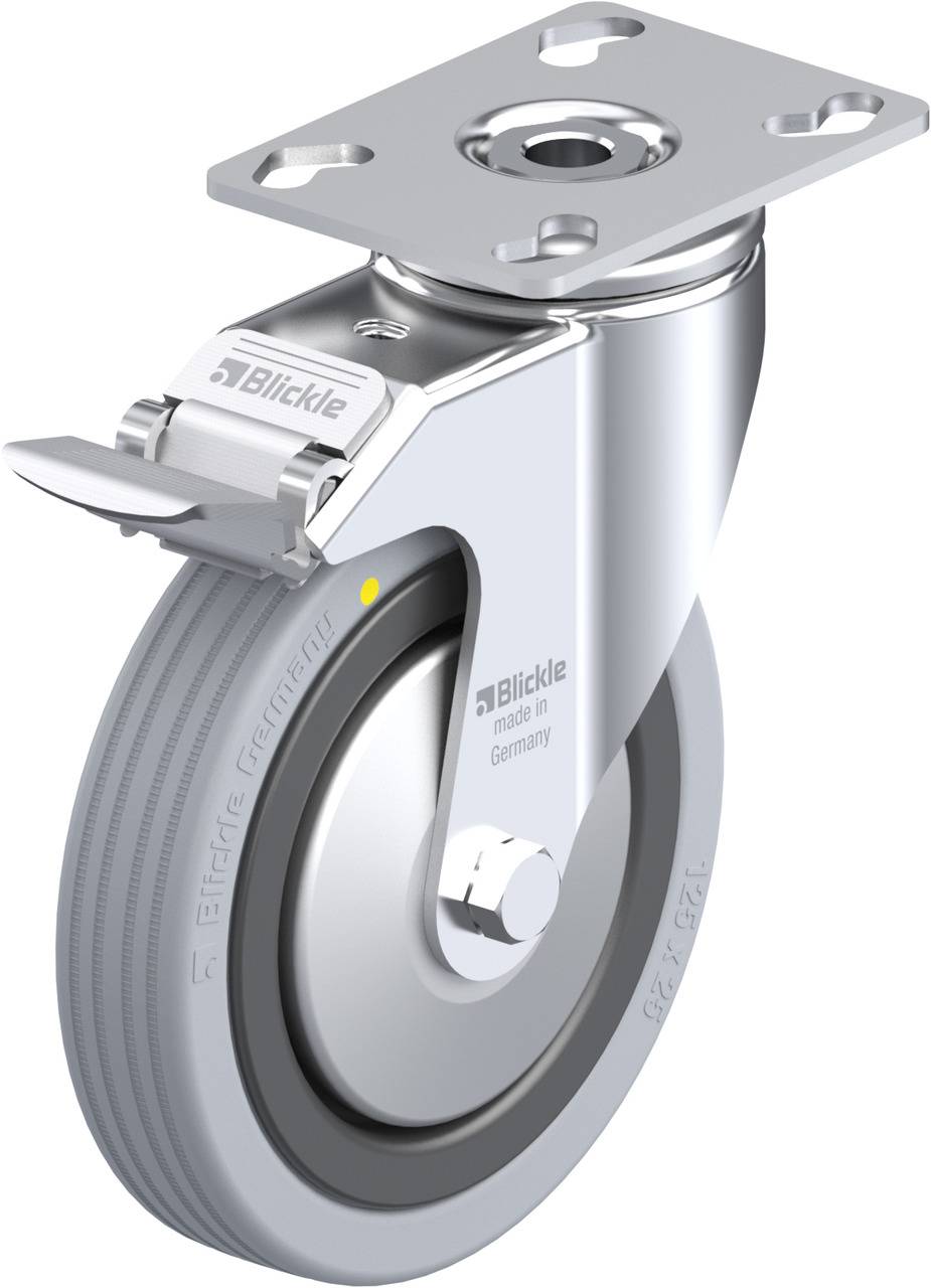 Schwenkrolle aus Metall mit grauem Rad und Bremse. Herstellerlogo 'Blickle' sichtbar. Design für Transport- oder Industrieanwendungen.