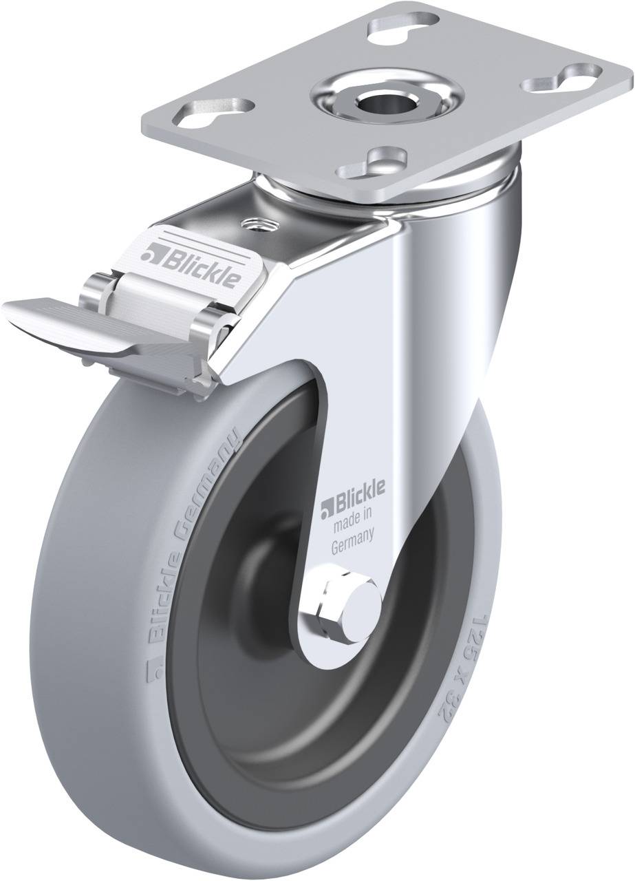 Schwenkrolle mit grauer Gummibereifung und Metallgabel, eine Bremse an der Oberseite, geeignet für den Einsatz in Industrie und Möbeln.