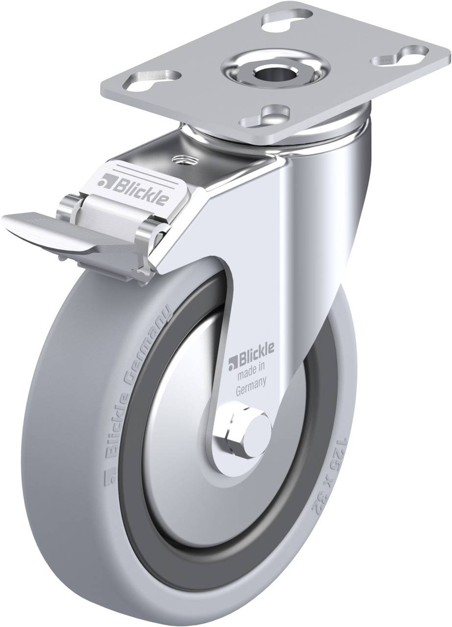 Schwenkrolle mit grauem Rad und Metallplatte; mechanischer Hebel für Feststellung; Aufschrift 'Blickle, made in Germany'.