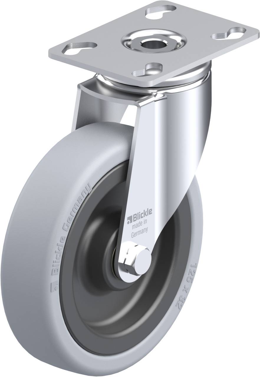 Graue Rolle mit Metallhalterung, markiert mit 'Blickle made in Germany', vor weißem Hintergrund.