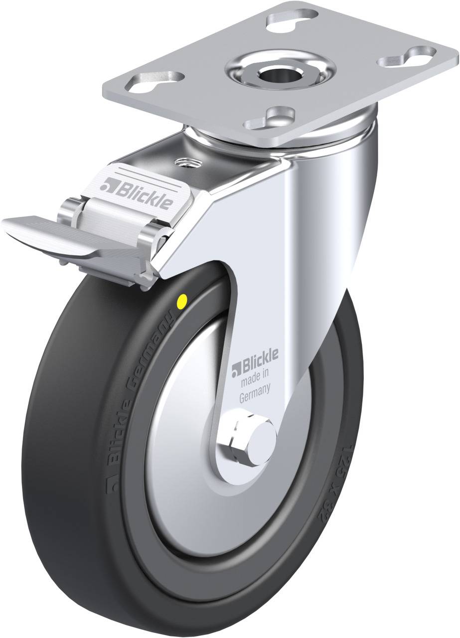 Rolle mit Bremse, Metallgehäuse und Gummirad, markiert mit 'Blickle'. Geeignet für Industrieanwendungen.