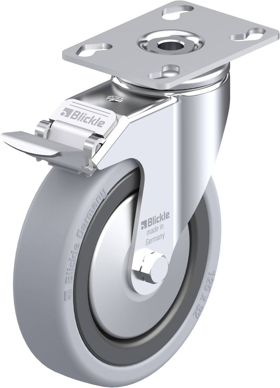 Metallisches Lenkrollenrad mit grauer Gummi-Lauffläche und Metallplatte zur Befestigung, geeignet für industrielle Anwendungen.