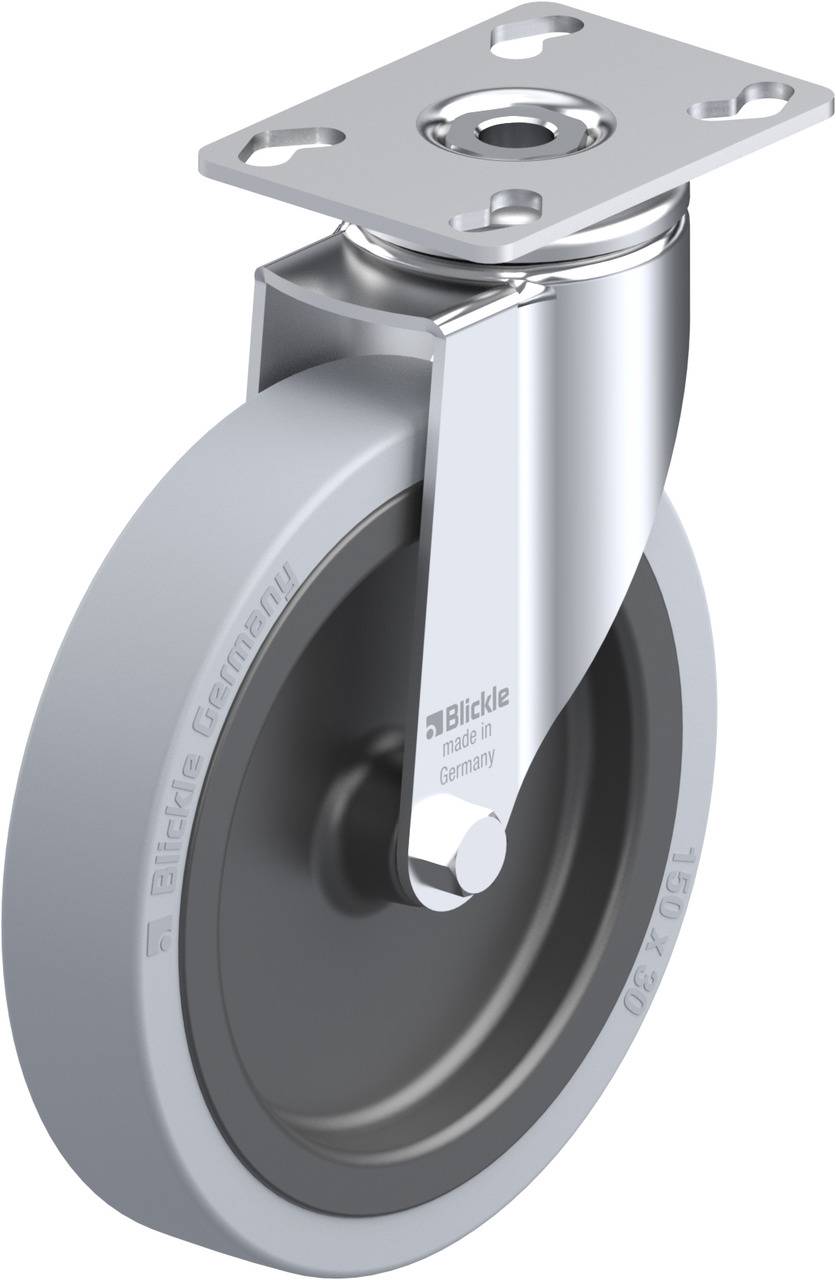 Schwenkrolle aus Metall und Gummi von Blickle, geeignet für Industrieanwendungen, zeigt die Bauweise und Materialien.