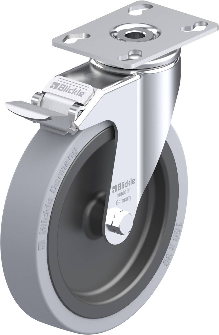 Graues Lenkrolle mit Halterung, Markenname 'Blickle' sichtbar, für industrielle Anwendungen, hergestellt in Deutschland.