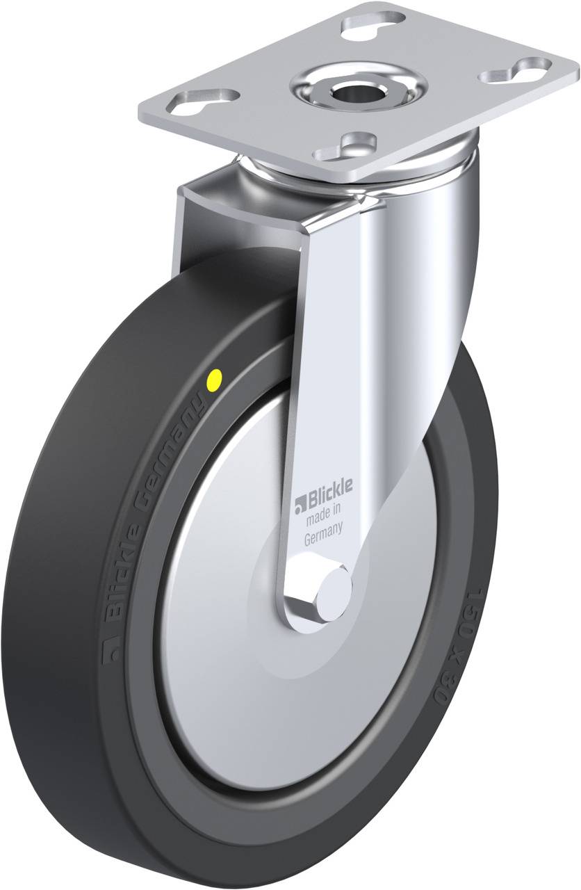 Silbernes Schwenkrad mit schwarzem Reifen und Befestigungsplatte von 'Blickle made in Germany'.