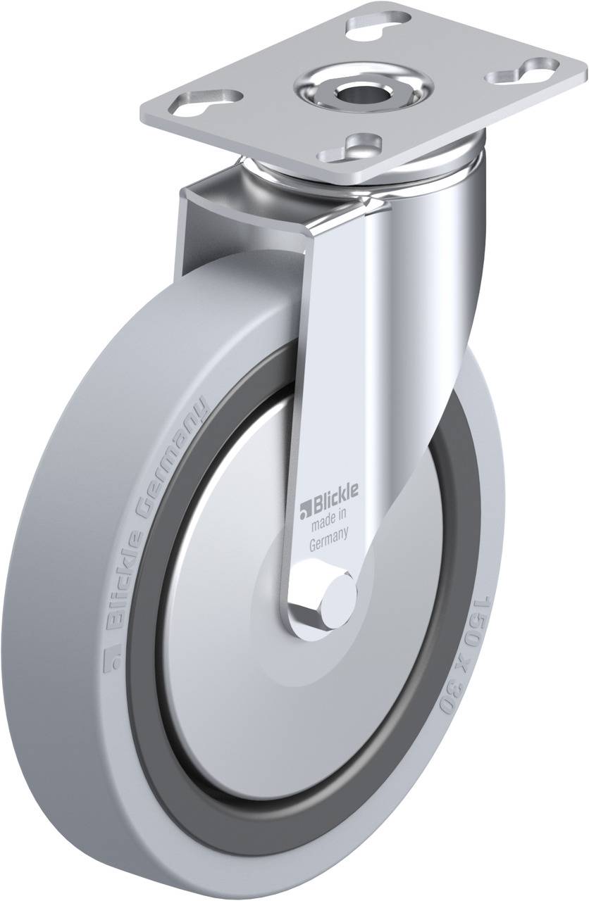 Graue Lenkrolle aus Metall und Kunststoff von der Marke Blickle, Made in Germany, für Möbel oder Transportgeräte geeignet.