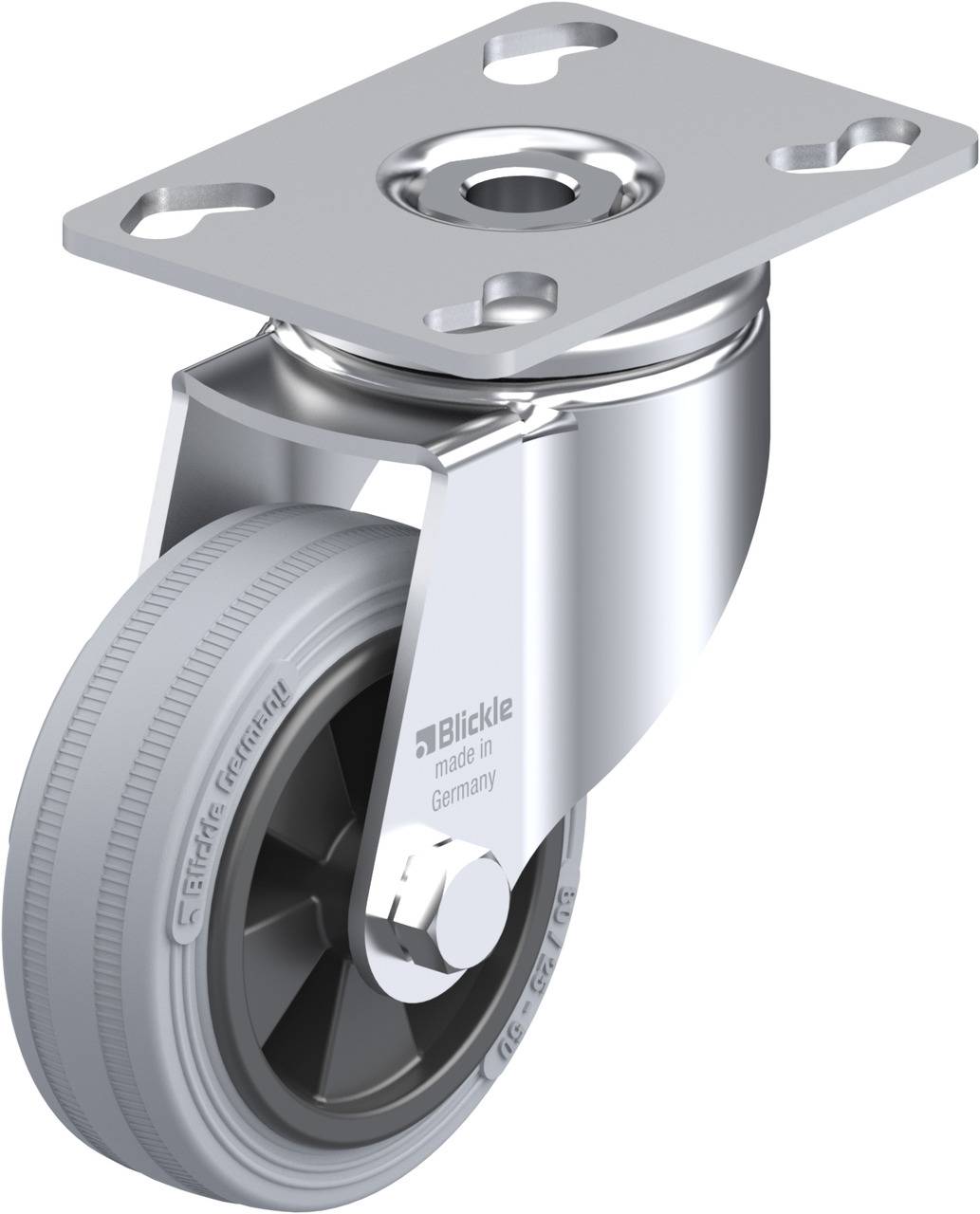Grau-silberne Laufrolle aus Metall und Kunststoff mit rechteckiger Montageplatte und stilisiertem Rollenmuster.