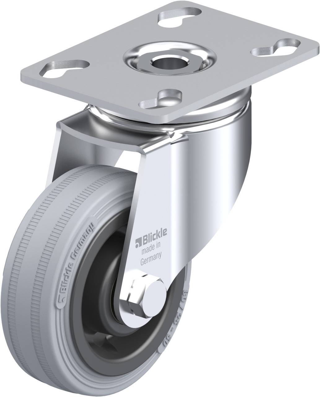 Schwenkrolle aus Metall mit grauem Gummirad, geeignet für Industrieanwendungen. Auf der Halterung steht 'Blickle made in Germany'.