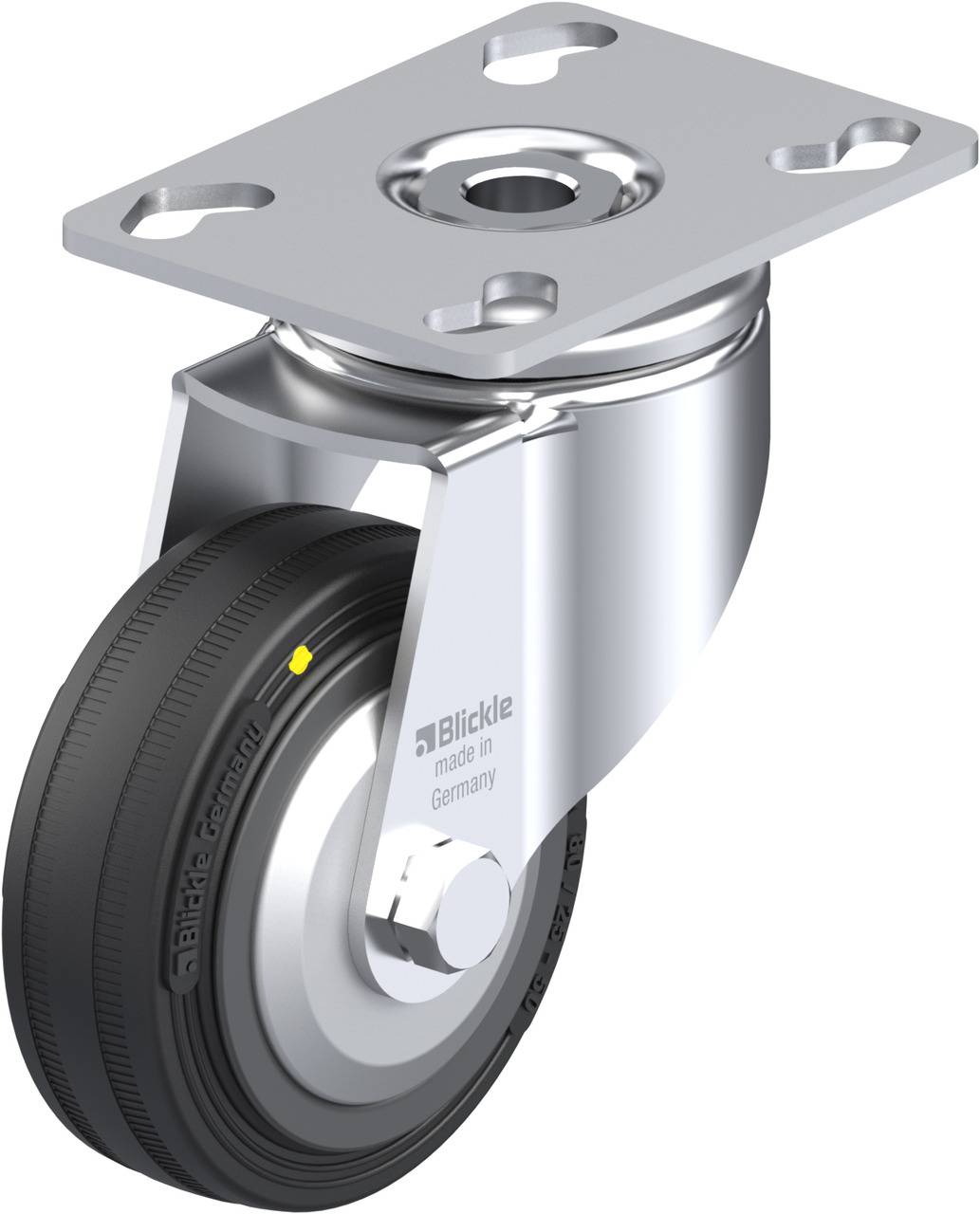 Ein schwenkbares Laufrollenrad aus Metall mit schwarzem Gummireifen und Befestigungsplatte, gefertigt in Deutschland von Blickle.