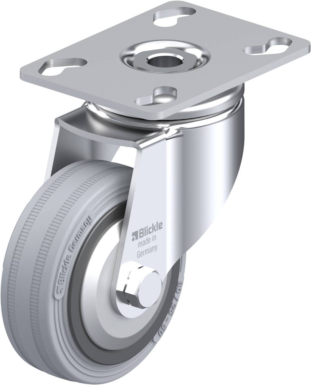 Schwenkrolle aus Metall mit grauem Gummirad, befestigt an einer rechteckigen Metallplatte. Aufschrift auf Rad: 'Blickle, made in Germany'.