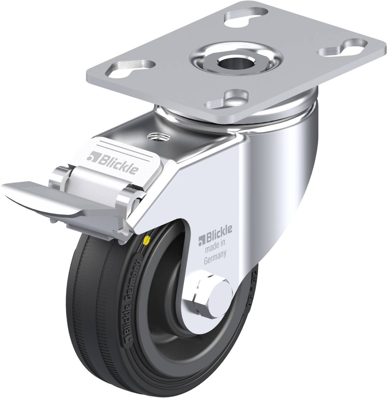Industrie-Rollenlager mit Metallgehäuse und schwarzem Rad, erkennbar an 'Blickle'-Markierung, geeignet für Möbel oder Geräte.