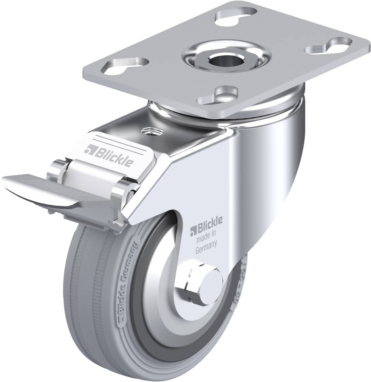 Metallisches Schwerlastlenkrolle mit Bremse und grauem Gummi. Text auf der Rolle: 'Blickle, Made in Germany'.
