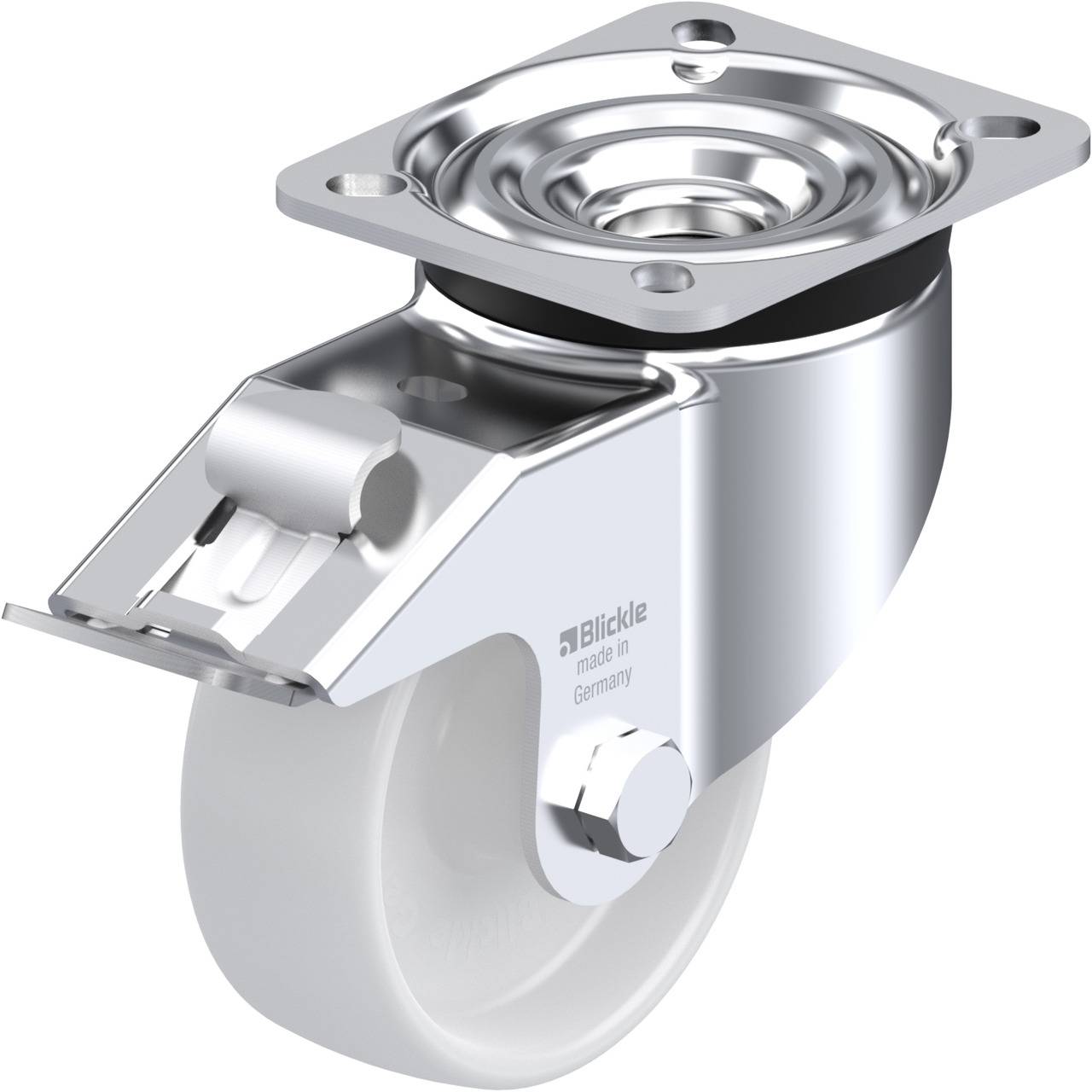 Schwenkrolle aus Metall mit grauem Rad. Oberer Teil hat eine Montageplatte. Verwendung für Möbel oder Gerätebewegung.