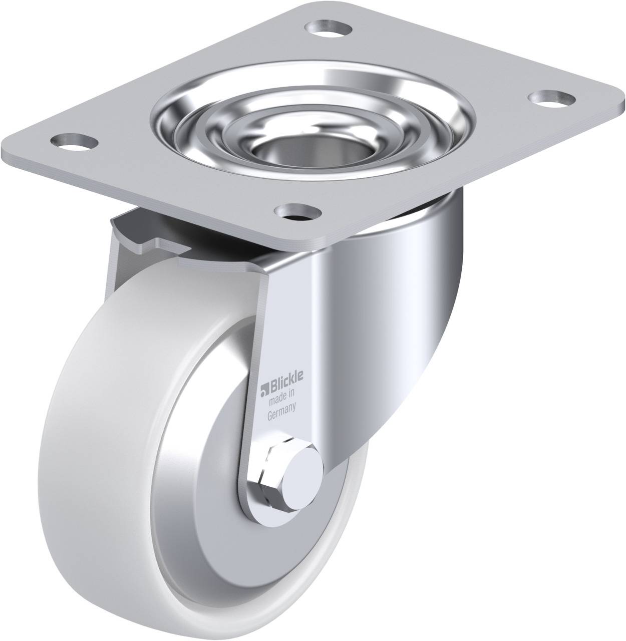 Silberne und graue drehbare Möbelrolle mit Befestigungsplatte und Schraube. Geeignet für Möbel oder Industrieausstattung.