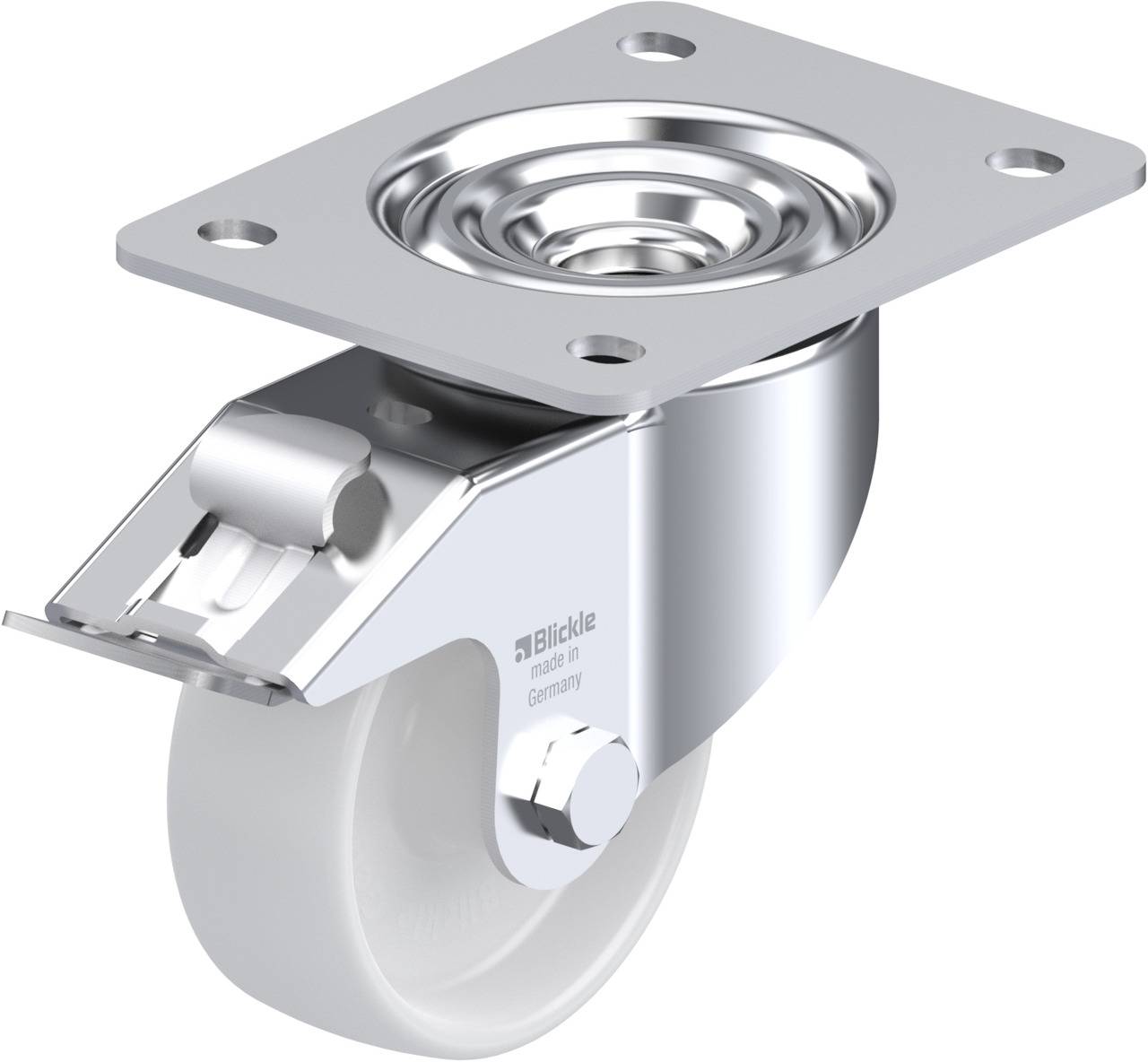 Metallrolle mit weißem Rad, befestigt an einem rechteckigen Stahlplatte. Text auf der Rolle: 'Blickle made in Germany'.