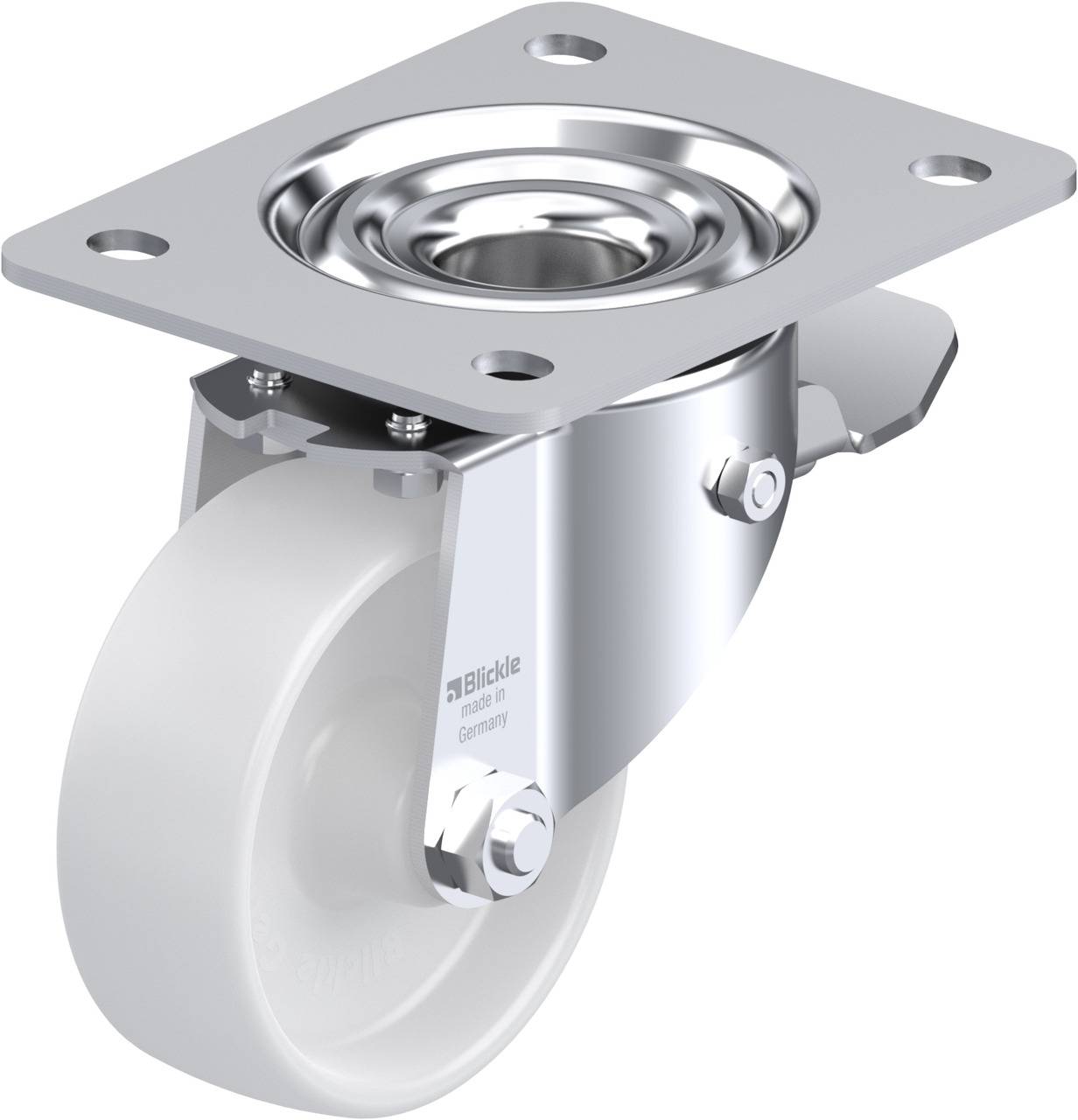 Metallisches Schwenkrollengehäuse mit weißem Rad, montiert auf einer viereckigen Platte.
