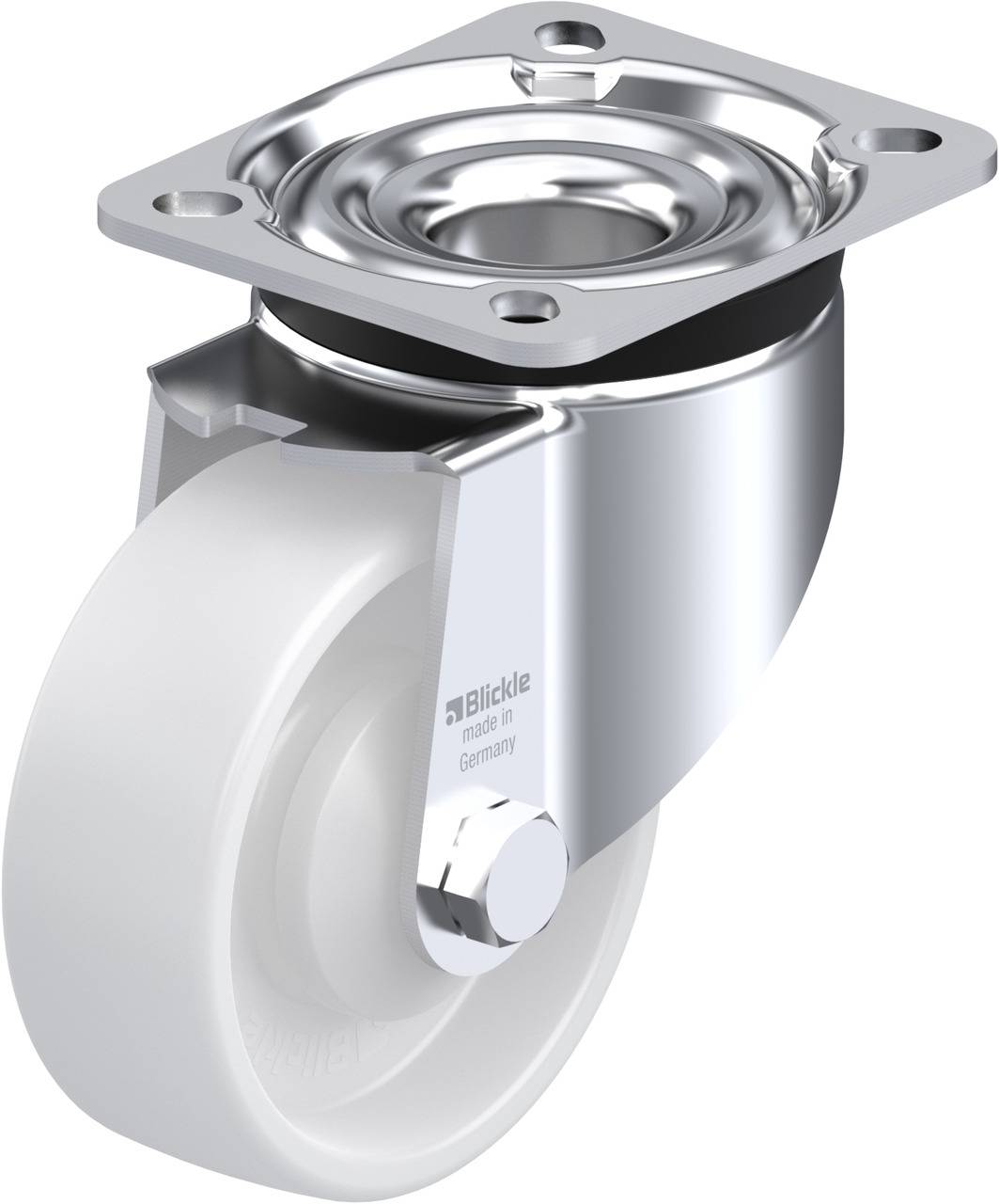Ein drehbares Schwenkrolle mit weißem Rad und silbernem Metallgehäuse, beschriftet mit 'Blickle made in Germany'. Geeignet für Möbel.