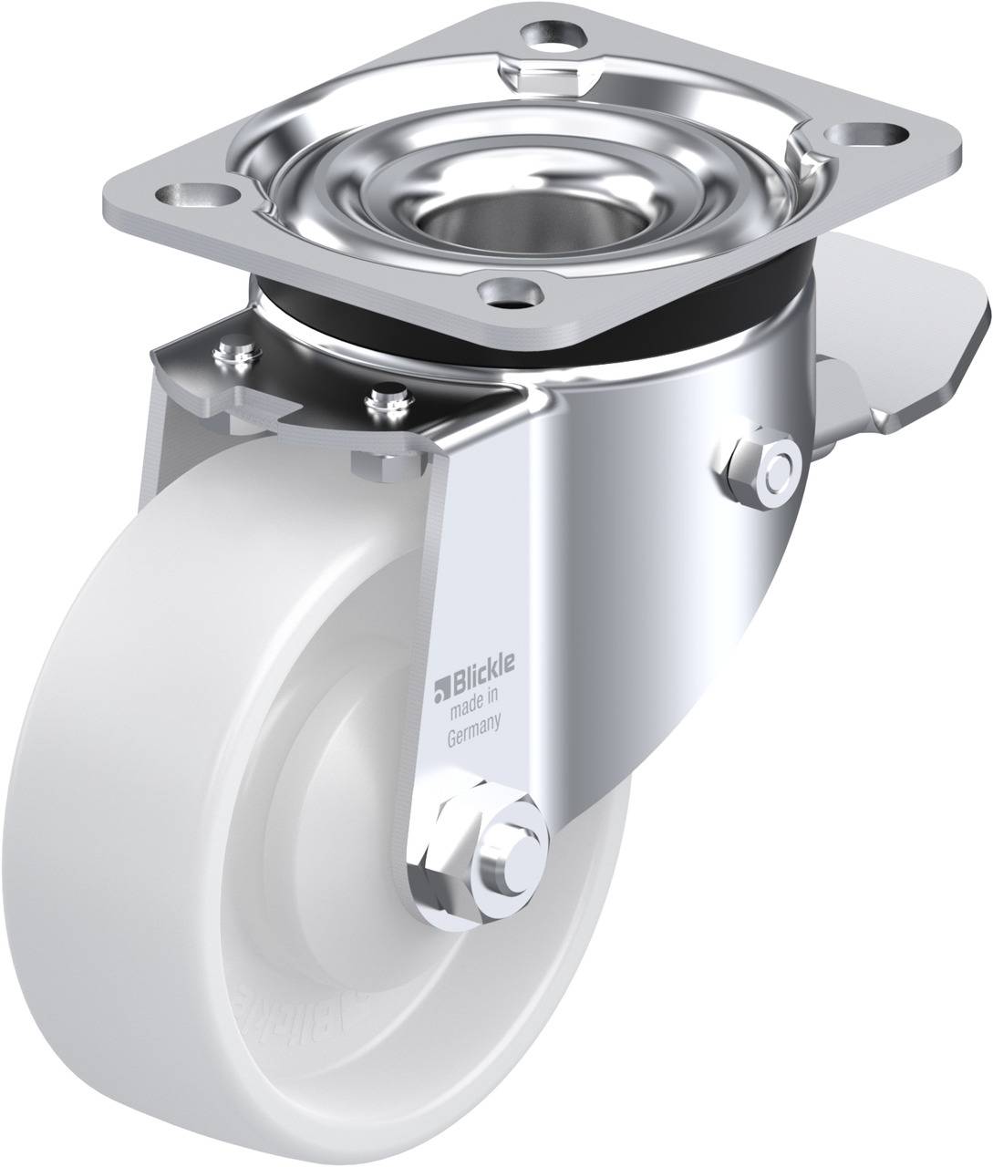 Industrie-Lenkrolle aus Edelstahl mit weißem Rad und Befestigungsplatte, geeignet für den Einbau an Maschinen oder Möbeln.