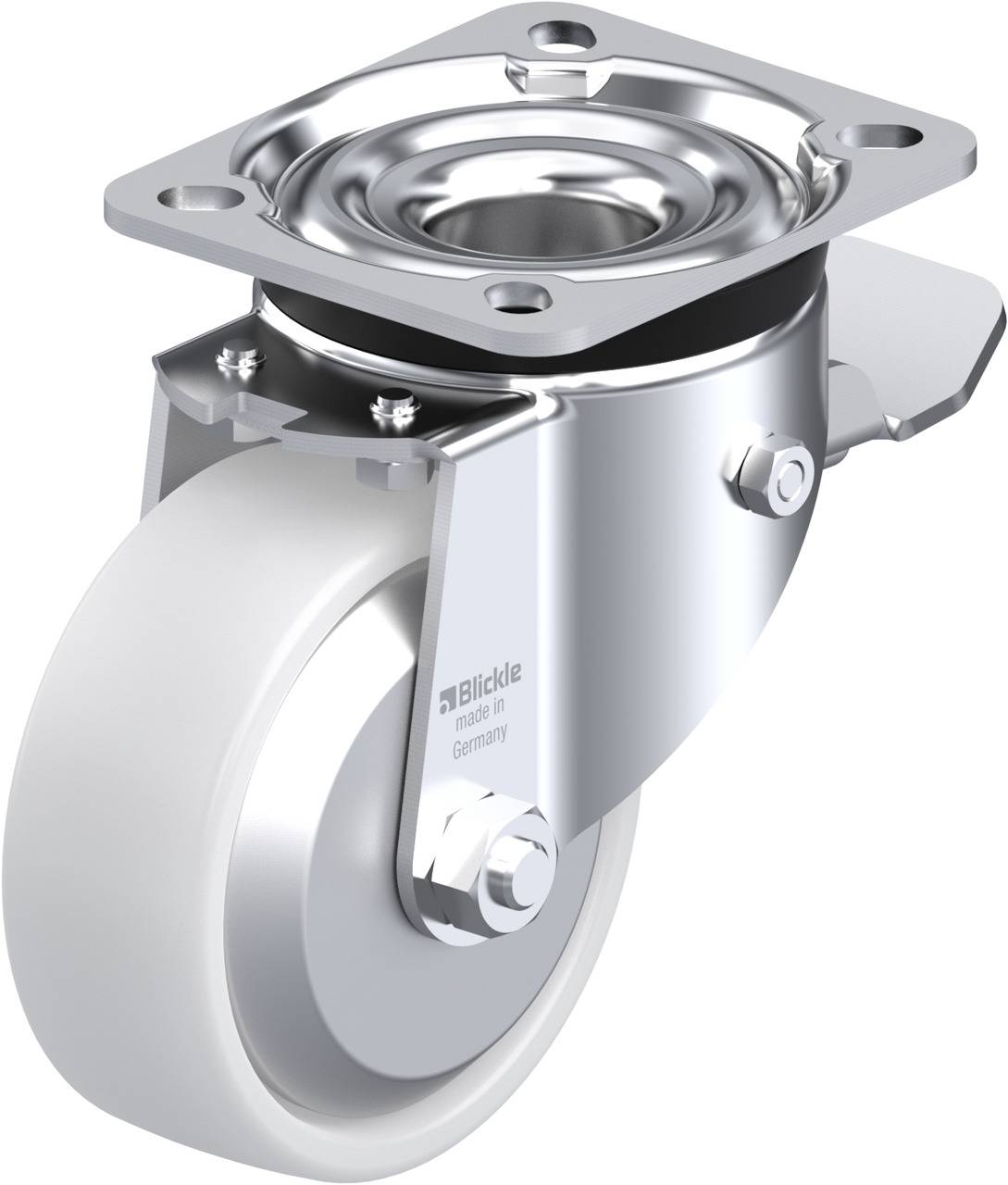 Stahl-Lenkrolle mit weißem Rad und Befestigungsplatte, geeignet für industrielle Anwendungen, unterstützt Beweglichkeit und Stabilität.