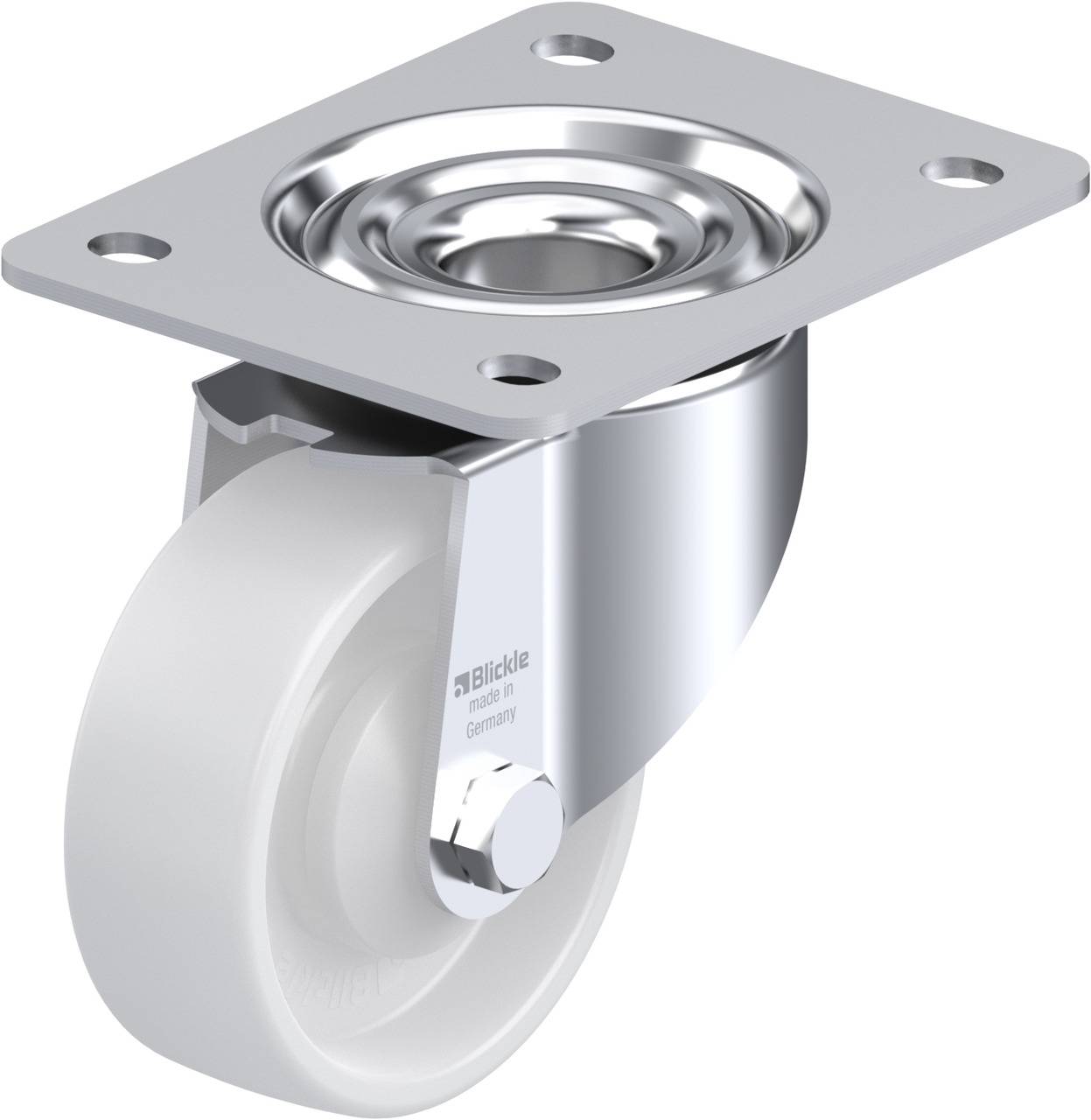 Metallrolle mit einer beschichteten Stahlplatte und einer weißen Kunststoffrad, geeignet für Möbel oder Geräte.