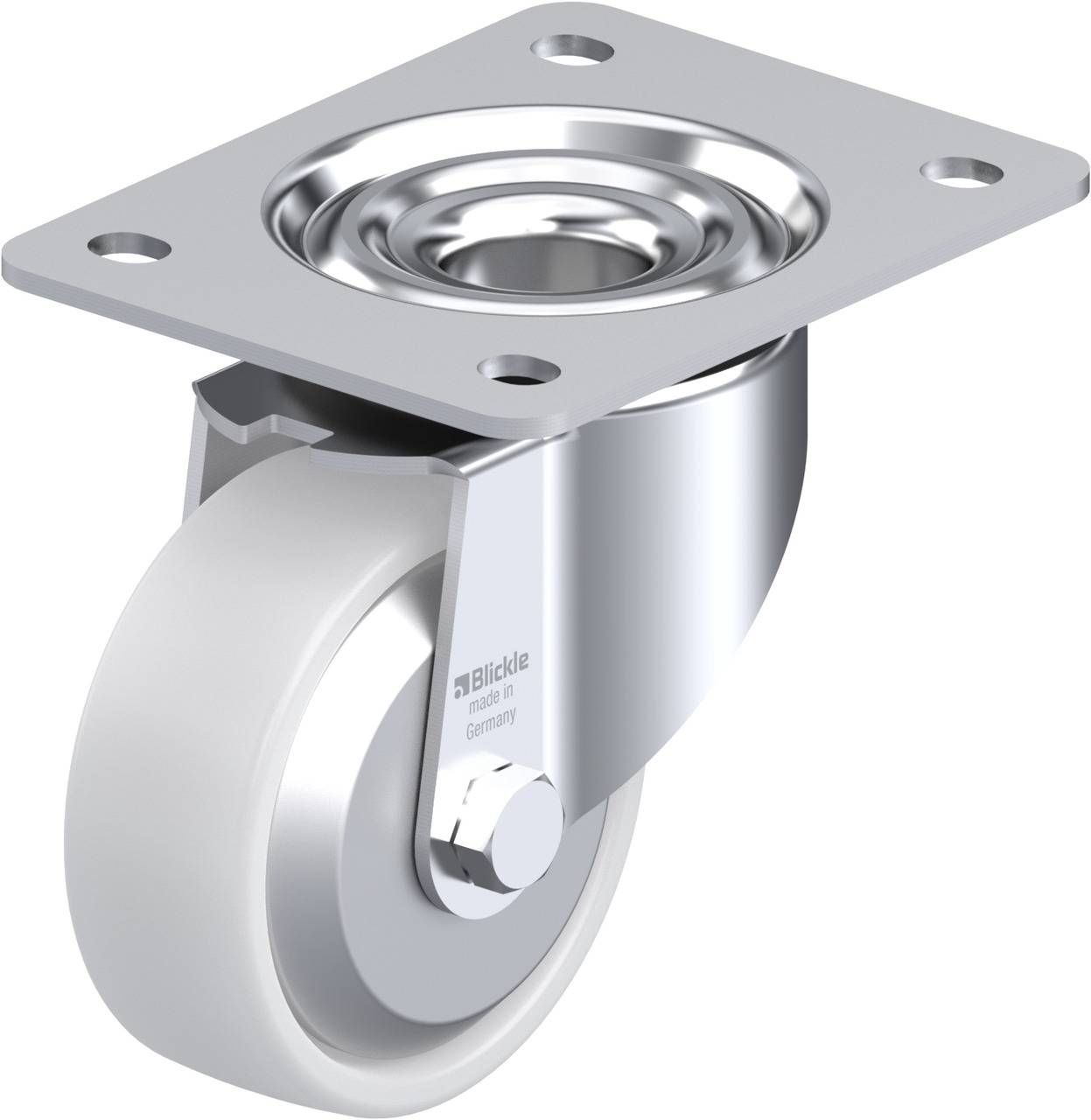 Schwenkrolle aus Metall mit weißem Rad und Befestigungsplatte, geeignet für Möbel oder industrielle Anwendungen.