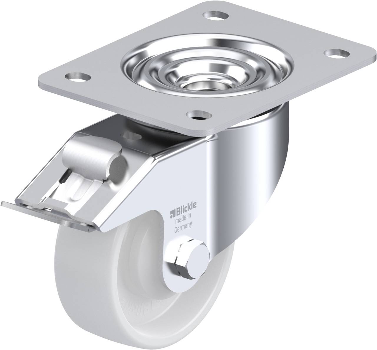 Metallisches Lenkrolle mit Befestigungsplatte und weißem Rad, geeignet für den Einsatz in Möbeln oder Transportgeräten.